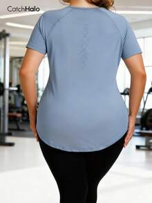 Plus Size Women's Short Sleeve Fitness T-Shirt, Round Neck Raglan Sleeve Design, Breathable Perforated Back, Quick-Dry Fabric, Hip-Covering Summer - Blue - View 2