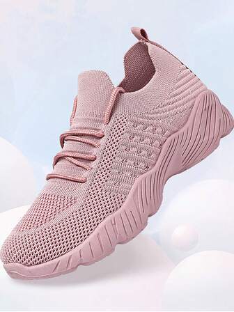 Women's Pink Knit Sneakers With Breathable Knit Upper, Elastic Collar For Easy Slip-On, Striped Outsole