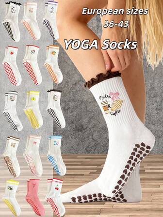 European Sizes 36-43,1Pair/Pilates Grip Socks For Women Yoga Grippy SocksCute Barre Non Skid Athletic Crew Sticky Sock Workout