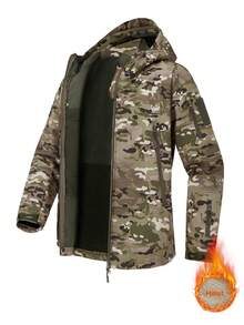 男士防水防风连帽抓绒软壳外套，迷彩设计，适合徒步旅行、冬季健身等场合