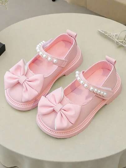 1 Pair Fashion Cute Bowknot PU Pearl Hook And Loop Slip-On Shoes For Girls, Suitable For Outdoor Daily Occasions, Spring And Autumn