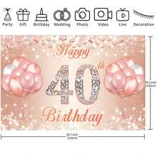 40th Birthday Rose Gold Banner With Cheerful 40th Anniversary Background And Colorful Paper Balloons, Suitable For Women's 40th Birthday Pink Party, Bachelorette Party, Anniversary Celebration, Birthday Decor Background Gift, With Glitter Sprinkles - Multicolor - View 3