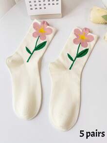 1/5双可爱花朵图案女士中筒袜。休闲女士袜子。透气袜子，秋季 - 彩色 - 查看 12