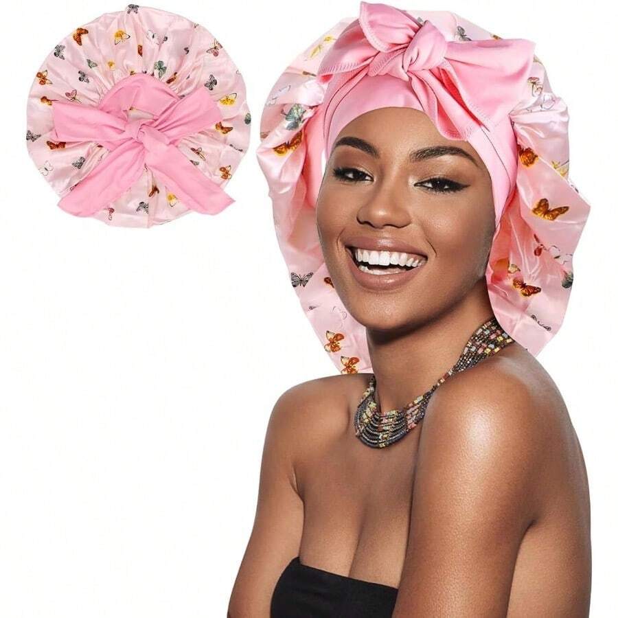 Gorros De Satén para Dormir Gorro de Seda Ajustable Doble Capa Gorro para Dormir Suave de Satén Gorros de Dormir De Seda con Banda Ancha para Mujeres y Niñas Rosa - Rosa - Ver 1
