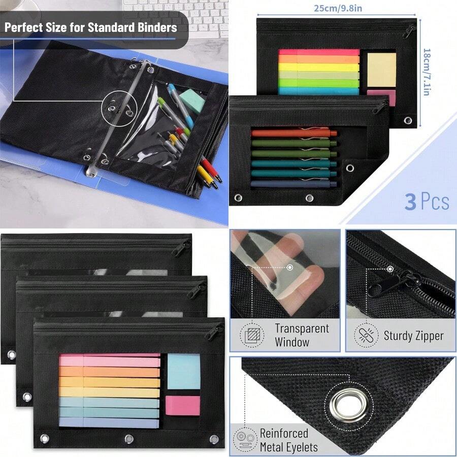 3 Pcs 3-Ring Pen Pencil Pouch With Clear Window 3 Hole Binder Pencil Case Canvas Binder Pouch With Zipper For Office School And Home Black - Black - View 1