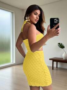 Conjunto Tricô Modal Cropped Saia Curto Verão Moda Elegante - Amarelo - Visão 4