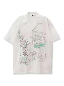 纹理面料，印花衬衫，沙滩棕榈树日落印花，男女皆宜，男女通用，质感，时尚年轻，休闲外出，透气面料，度假装，日常百搭服装 - 白色 - 查看 1