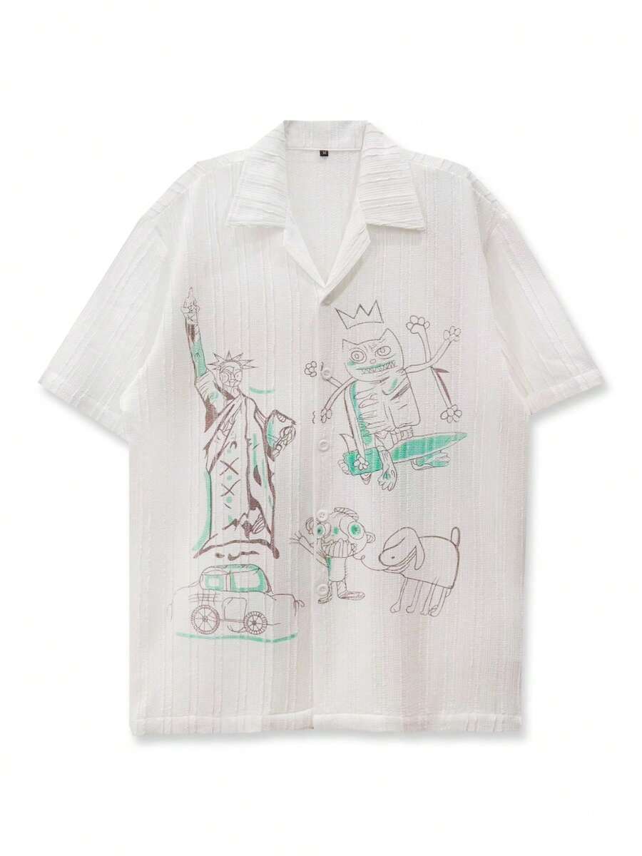 纹理面料，印花衬衫，沙滩棕榈树日落印花，男女皆宜，男女通用，质感，时尚年轻，休闲外出，透气面料，度假装，日常百搭服装 - 白色 - 查看 1