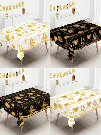 1 st Ramadan-duk, 130x220 cm, guld/svart mönster, Glad Eid Mubarak engångsduk i plast, månstjärnelykta-design, Ramadan-välsignelseduk, Ramadan 2026 heminredning, Eid Mubarak matbordsdekor och festdekoration, Eid Al-Fitr heminredning