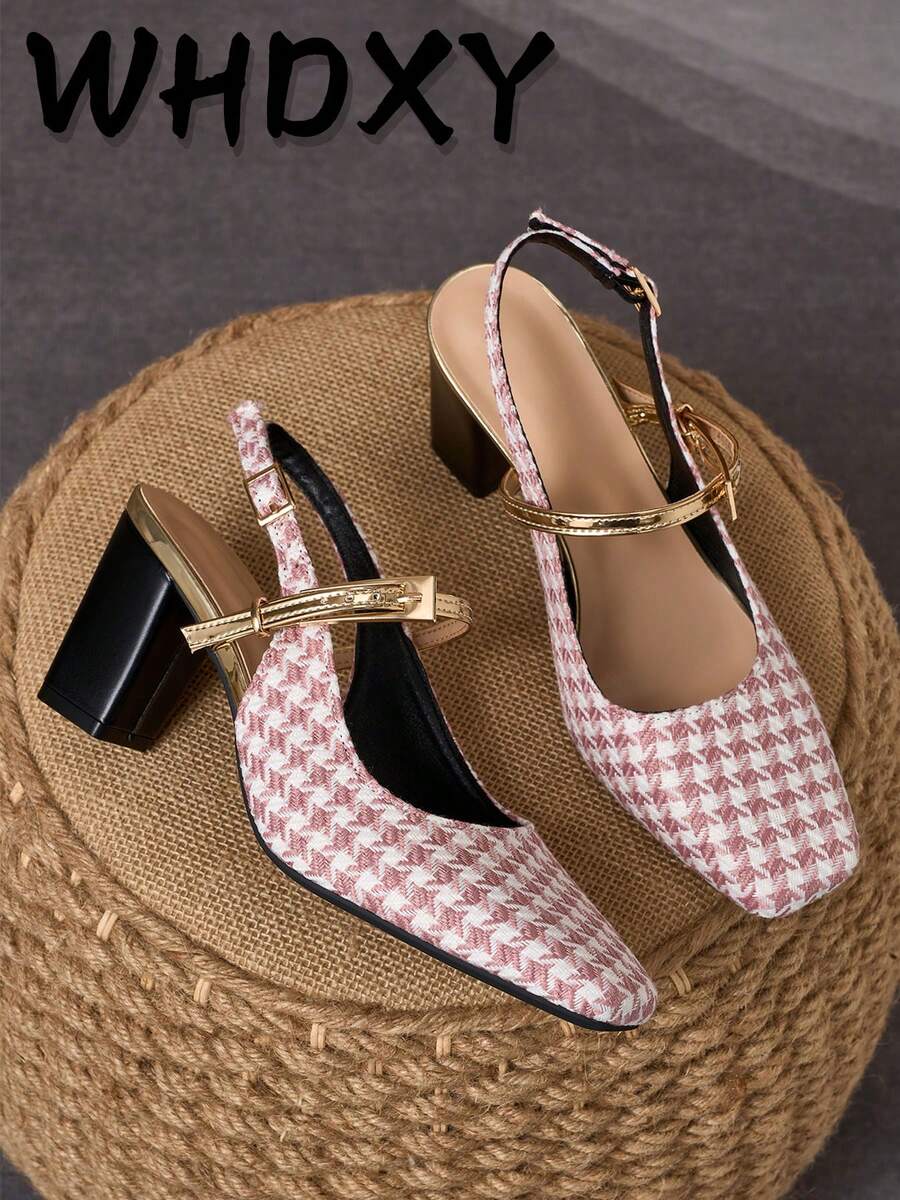 WHDXY Giày cao gót mũi vuông họa tiết kẻ caro màu thanh lịch 7cm dành cho nữ, phù hợp để đi làm, đi chơi, mặc hàng ngày - Hồng - Xem 1