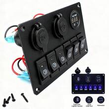 6 Gang Rocker Switch Panel LED Digital Voltmeter Waterproof Car Marine Circuit Breaker Dual USB Ports ON/OFF Lights 12V 24V For Marine Car Boat Trailers - 黑色 - 查看 1