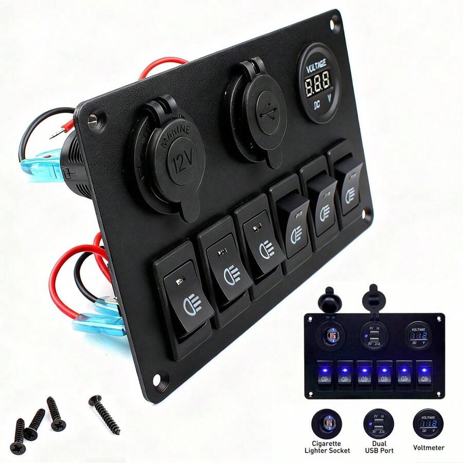 6 Gang Rocker Switch Panel LED Digital Voltmeter Waterproof Car Marine Circuit Breaker Dual USB Ports ON/OFF Lights 12V 24V For Marine Car Boat Trailers - 黑色 - 查看 1