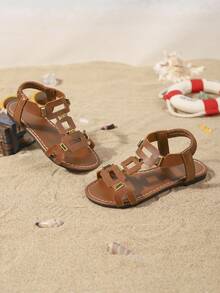 儿童时尚凉鞋，新款夏季平底镂空水钻搭扣设计，轻便时尚透气女童沙滩凉鞋 - 棕色 - 查看 1