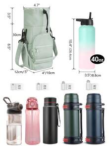 40盎司/1.2升保温水壶套，带手机袋、可调节肩带，兼容史丹利水壶，适合徒步、露营、运动 - 保温斜挎包