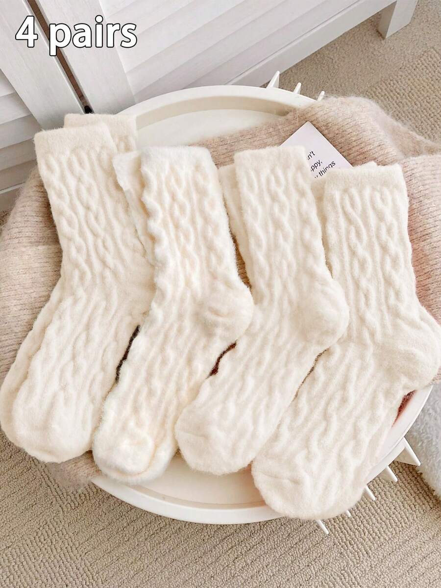 4 Pairs Women's Solid Color Thick Soft Warm Mid-Calf Home Socks, Casual Long Socks, Ladies Socks, Autumn/Winter - White - View 1