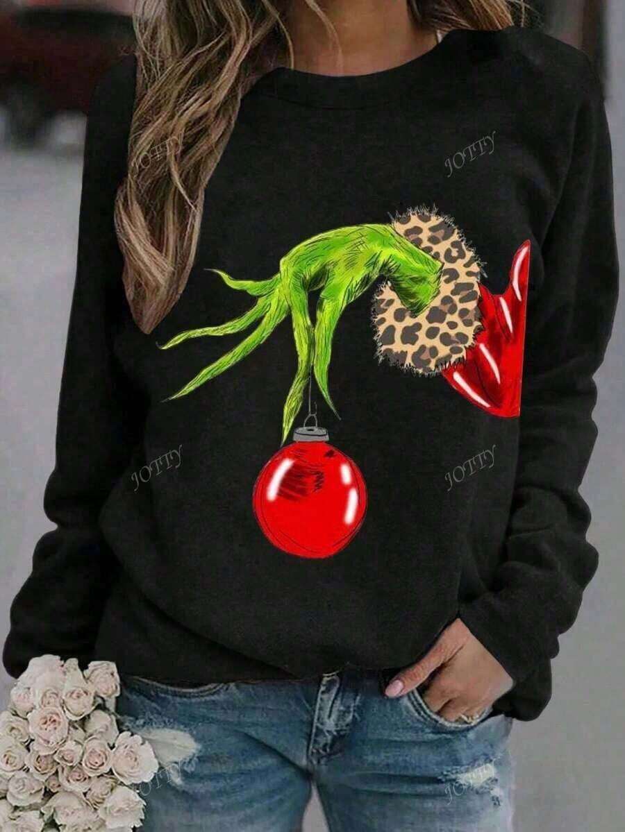 2025 Christmas Casual Graphic Print Round Neck Long Sleeve-Shirt Casual Daily Thanksgiving Women's Tops Halloween Clothes Vintage Tops Women Winter Clothes Women Winter Clothes Women Fall Clothes Women Long Sleeve TopsLoose And Comfortable - 黑色2 - 查看 1