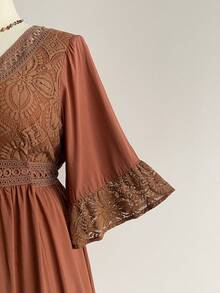 Rusttydustty Vestido bohemio de encaje con parches, cuello en V y mangas medianas, estilo vintage elegante, adecuado para uso casual, vacaciones, Año Nuevo, Día de San Valentín y otras ocasiones - Marrón - Ver 6