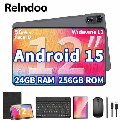 Relndoo 12 Inch Android 15 Tablet, Tablet PC With Keyboard And Mouse, 24GB RAM+256 ROM, Android Tablets, T615 Octa-Core CPU, 2K 2000x1200 IPS HD Display, 8MP+16MP Dual Camera, 8000mAh, Expandable To 1TB, 802.11n Wifi 2.4G/5G Wireless, GPS, Certified Tablet PC, Free Keyboard, Mouse, Stylus, Leather Case, Protective Film, Data Cable (No Adapter)-Black