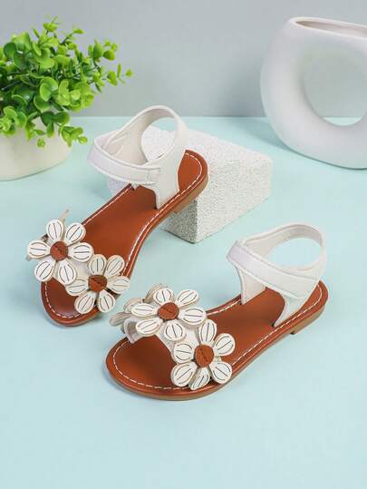 1 Pair White Flat Sandals For Baby Girls, PU Leather Patchwork, Floral Decor, Design, Round Toe, Fashionable & Cute, Suitable For 3-15 Years Old Girls, Casual, School, Walking, Party, Travel, Spring/Summer