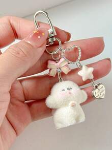 Adorable Flocked Bear Phone Strap & Keychain - Soft Flocked Fur With Heart-Shaped Bow And Expressive Eyes, Soft Pink And White, Reliable Clip-On Accessories For Bags, Keys, Backpacks, And Car Keys - Perfect Girl Gift, Daily Accessory (No Batteries/No Electronic Components) - Cute Flocked Bear With Heart-Shaped Ears And Bow, Black Clip, Versatile For Bags And Keys, Enchanting Women's Gift And Women's Accessories