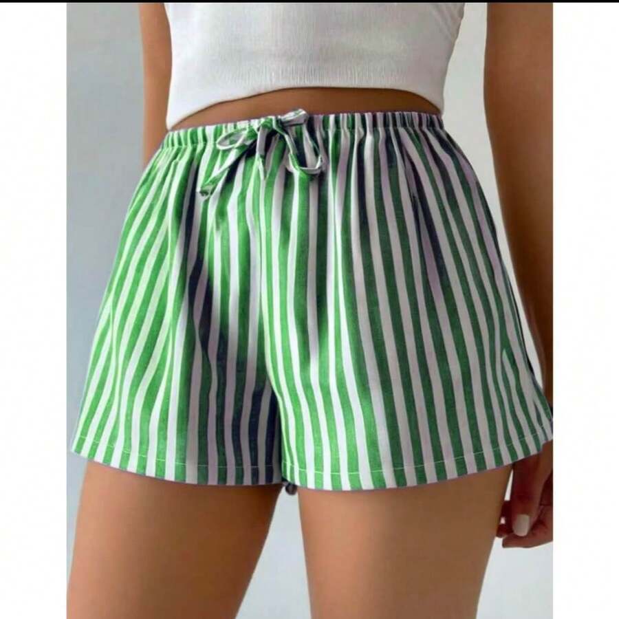Simple Tie-Front Striped Shorts For Everyday Wear. - Verde - Ver 1