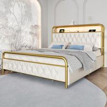 Upholstered Double Bed With USB Type C Charging Function, App Control, LED Bed Frame, Metal Bed 160x200 Cm, Bed Frame And 4 Drawers, Velvet (With Mattress) - White - View 8
