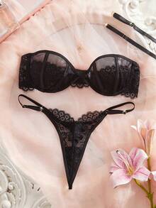 Bộ đồ lót gợi cảm 2 món cho nữ, thiết kế viền ren, áo ngực và quần lót không dây có thể tháo rời, dây đeo có thể điều chỉnh - màu đen - Xem 4