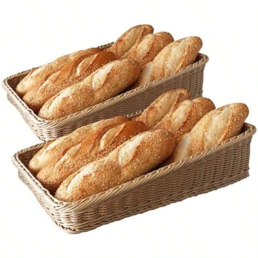 Canastas De Tipo Mimbre de Plástico - 21x7x15cm | Perfectas para Exhibir Productos | Cestas Organizadoras Símil Canastas de Mimbre | Canasta de Plástico Lavable | Canasta Para Pan(Canasta 1 Pack x2 40cm x 25cm) - Multicolor - Ver 1