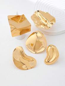 Set de 5 anillos gruesos apilables de color dorado, anillos de metal exagerados y sobredimensionados para mujeres, joyería para fiestas - Dorado - Ver 2