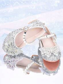 Zapatos de princesa de cuero con rhinestones para niñas en otoño, zapatos para niños, zapatos de cristal para actuaciones y ceremonias, zapatos de suela blanda para niñas, diseñados para niñas bebé, tacones altos de princesa de moda con moño, diseñados para zapatos de baile de moda para niñas, zapatos elegantes diseñados para bodas - Plateado - Ver 5