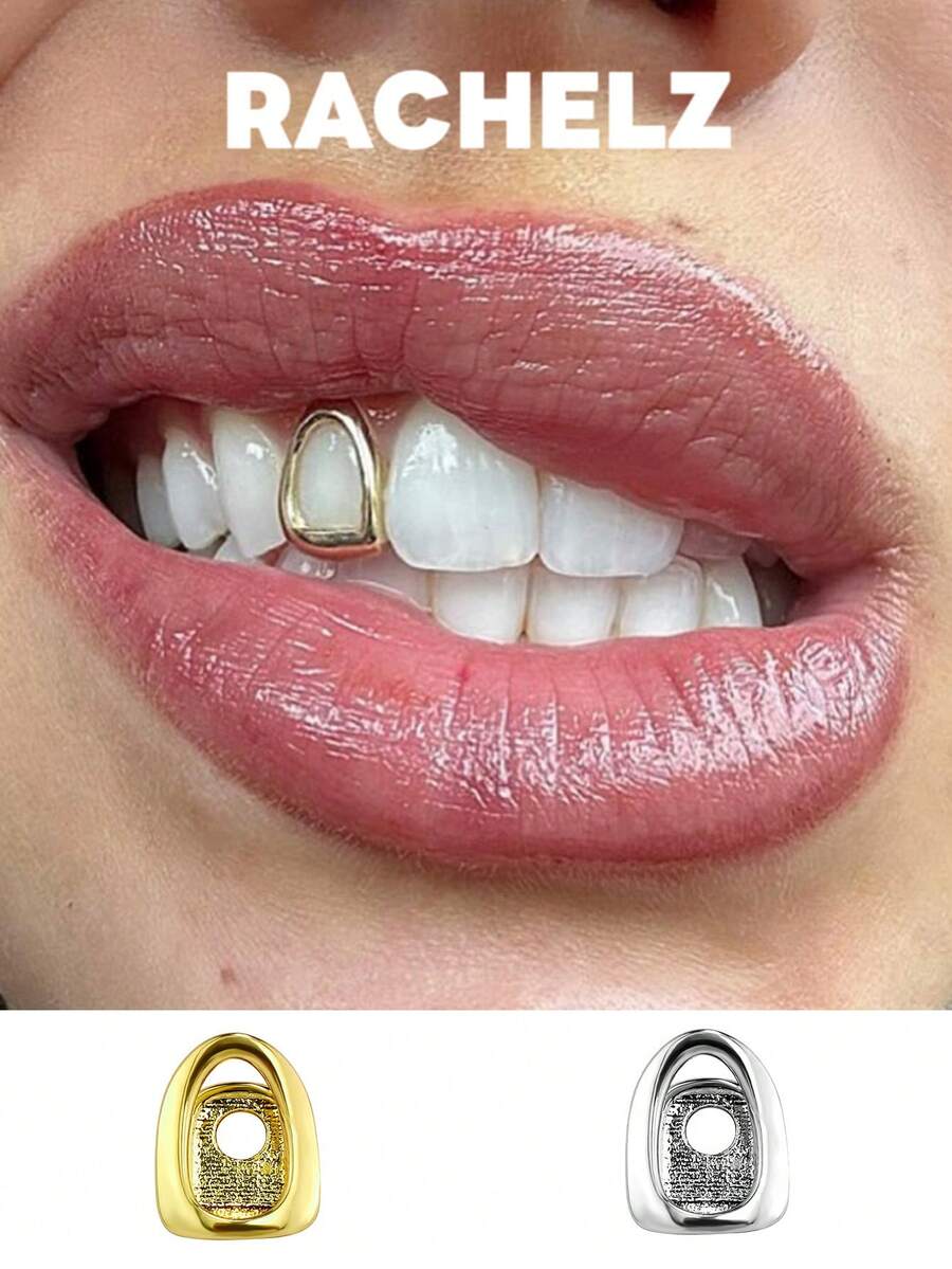 RACHELZ嘻哈风单颗镂空牙套，男女通用，简约亮面牙套，饰品，角色扮演，圣诞礼物 - 金色 - 查看 1