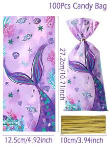 25/50/100pcs Mermaid Tail Printed Plastic Gift Candy Cookie Bags With Gold Twist Ties, Purple Mermaid Tail Pattern Small Thank You Gift Packing Bags, Party Gift Cellophane Bags Treat Bags, Under The Sea Mermaid Theme Happy Birthday Gender Reveal Babe Shower Wedding Party Gift Wrapping Supplies, Thank You Gift Wrapping Bags - Mermaid Tail - View 11