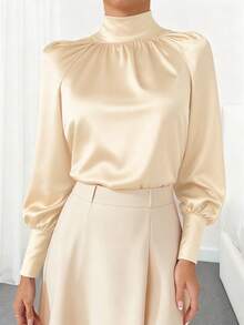 女士优雅通勤纯色立领灯笼袖衬衫 春季 - 杏色 - 查看 3