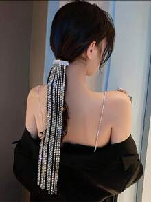 1 pieza Elegante Clip de Pelo con Cadena Larga de Cristal Rhinestone y Borla, Accesorio de Pelo de Cristal Brillante para Mujer, Verano, Playa, Boda - Plateado - Ver 2