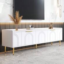 TV Unit, Lowboard With Structured Door, TV Cabinet, With Gold Handles And Gold Legs, 170 L X 35 W X 47.5 H (Cm) - White + MDF - View 3