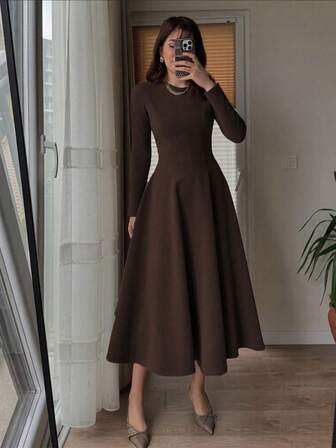 Elegant French Style Fitted Women's Autumn Dress, A-Line Dress, Suitable For Saudi National Day
