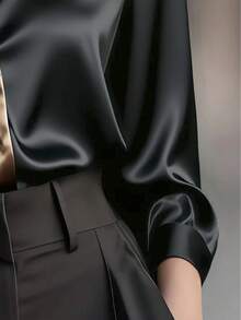 1pc Women's Satin Button Front Colorblock Elegant Commuter Fashion Long Sleeve Shirt, Suitable For Office, Holiday, Daily Wear, Dates, All Seasons - Brown - View 4