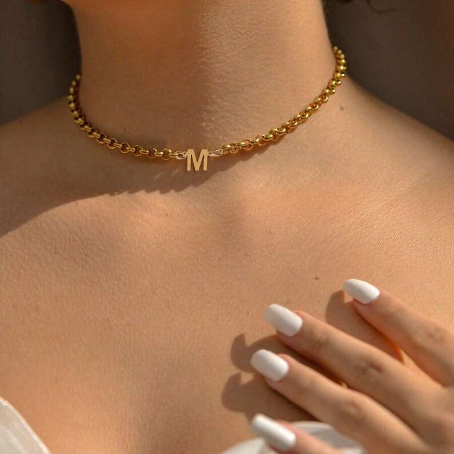 1pc Fashion Simple Initial Golden Stainless Steel Chain Necklace For Women - Yellow Gold - View 1
