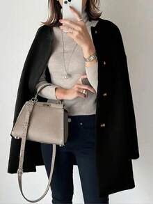 Plus Size Mid-Length Coat, Front Button Closure, Round Neck Long Sleeve, Solid Color Woolen Coat, Autumn/Winter Bestseller