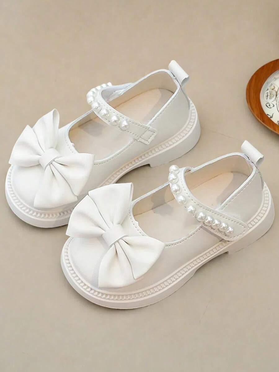 1pair Fashionable & Cute Bowknot PU Pearl Hook And Loop Slip-Resistant Durable Shoes For Girls, Suitable For Outdoor, Daily, Party, And School Wear In Spring And Autumn - White - View 1