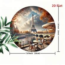 1 Peça Placa de Metal Redonda de 8 Polegadas com Impressão 2D Plana, Vista do Rio de Paris com Torre Eiffel - Decoração de Arte de Parede, Adequada para Decoração Interna e Externa, Casa, Café, Apartamento, Restaurante, Rua, Sala de Estar, Presente de Feriado, Posição Aleatória do Furo