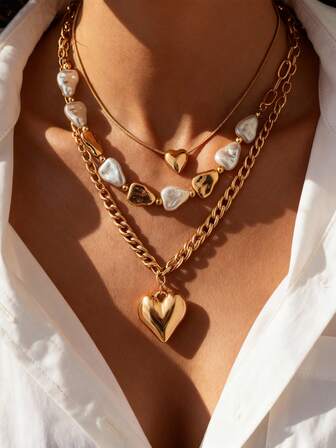 3 piezas Collar con colgante de corazón de perla falsa CCB brillante, elegante y de moda, adecuado para el uso diario de las mujeres, accesorio de joyería, regalo para amigos en días festivos y cumpleaños