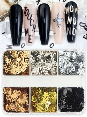 6格盒装26颗英文字母亮片，金属色，6毫米，个性化美甲闪粉PET亮片，DIY树脂装饰