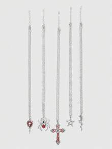 5pcs/Set Y2K Retro Punk Rock Style Necklace Set, Rhinestone Decor Spider Web, Black Cross, Star, Mirror, Cross Pendant, Suitable For Men, Bohemian Style, Valentine's Day, Christmas Gift - Five-piece Necklace Set - View 3