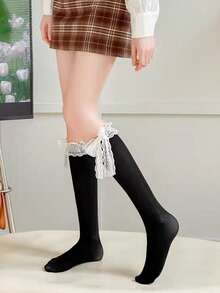 1双女士日系蕾丝蝴蝶结小腿袜，黑白JK甜美可爱洛丽塔学院风 - 彩色 - 查看 7
