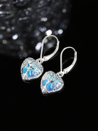 一对月光石心形镶嵌S925纯银吊坠耳环，精美首饰，适合女士约会和送礼