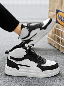 أحذية رياضية عالية الرقبة بتصميم أبيض وأسود متباين مع أربطة، أحذية كاجوال مريحة للارتداء اليومي والتنقل والخروج - أبيض وأسود - مشاهدة 7