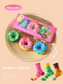 3 Pairs Funny Donut Design Socks, Unique Gift Idea For Birthday, Valentine's Day, Mother's Day, Colorful Creative Mid-Calf Socks For Men And Women, Comfortable Breathable, Festive Atmosphere, Fashion, Suitable For Halloween, Christmas, Gifts For Him/Her