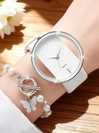 2 piezas, Reloj de mujer blanco, Reloj de cuarzo con esfera de puntero minimalista y elegante, Conjunto de reloj y pulsera de mariposa, Regalo perfecto para ella