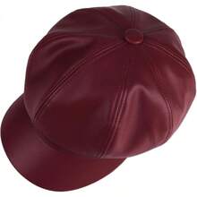 Women's PU Leather Newsboy Cap 8 Panel Paperboy Newsie Cap Bakerboy Beret Cabbie Hat, Fashionable Headwear - 酒紅色 - 查看 2
